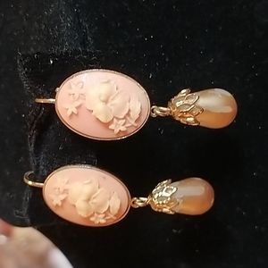 Vintage Carved Pink  Shell Dangle w/ Faux  Pearls and Vintage Findings